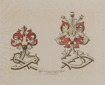 28146 Afbeelding van twee ornamenten van een gedecoreerd houten gewelf met gepolychromeerde ribben in een vertrek in ...